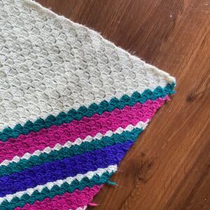 Vintage Homemade Crochet Color Block Striped Throw Blanket